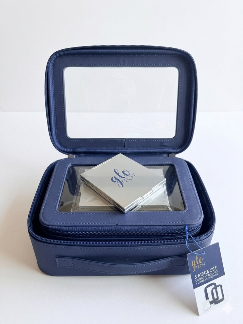 GloTech 3-Piece Navy Blue Cosmetic Travel Bag Set with Handle Compact Mirror New